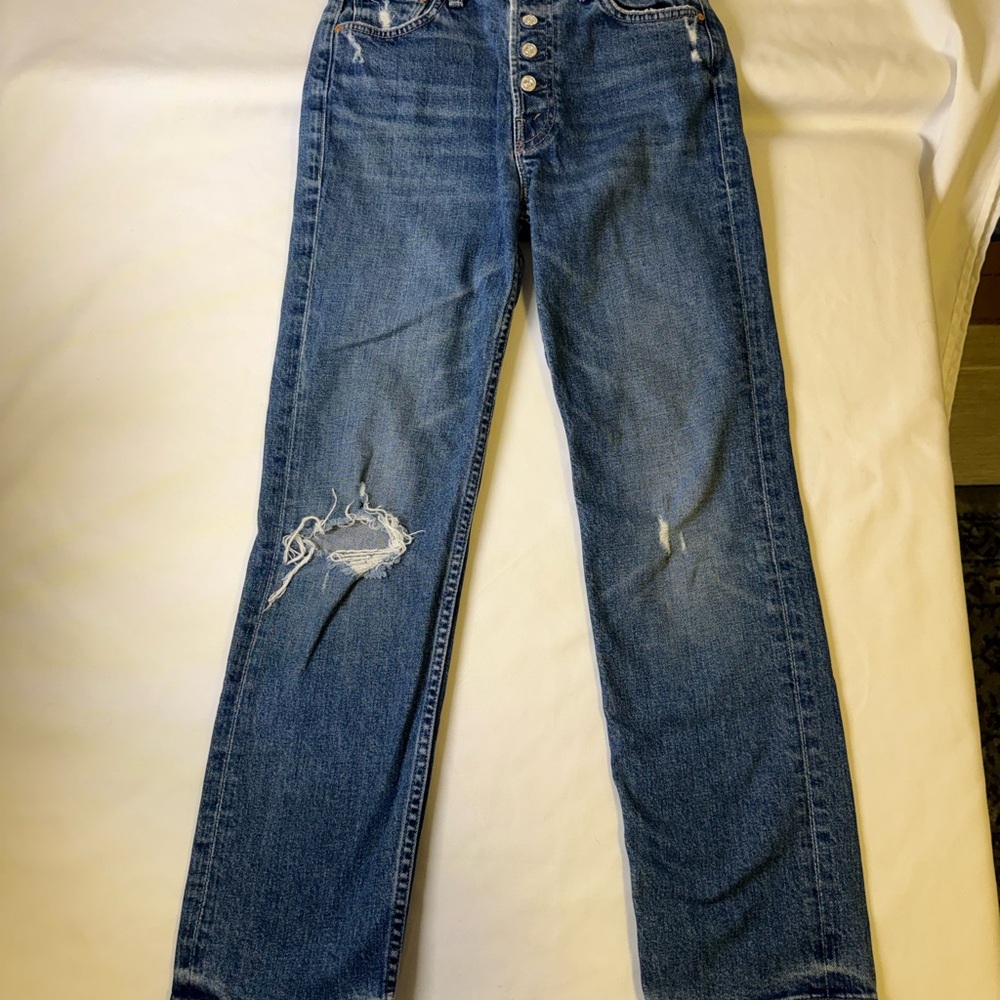 MOTHER Straight Leg Blue Jeans with Distressed Detail